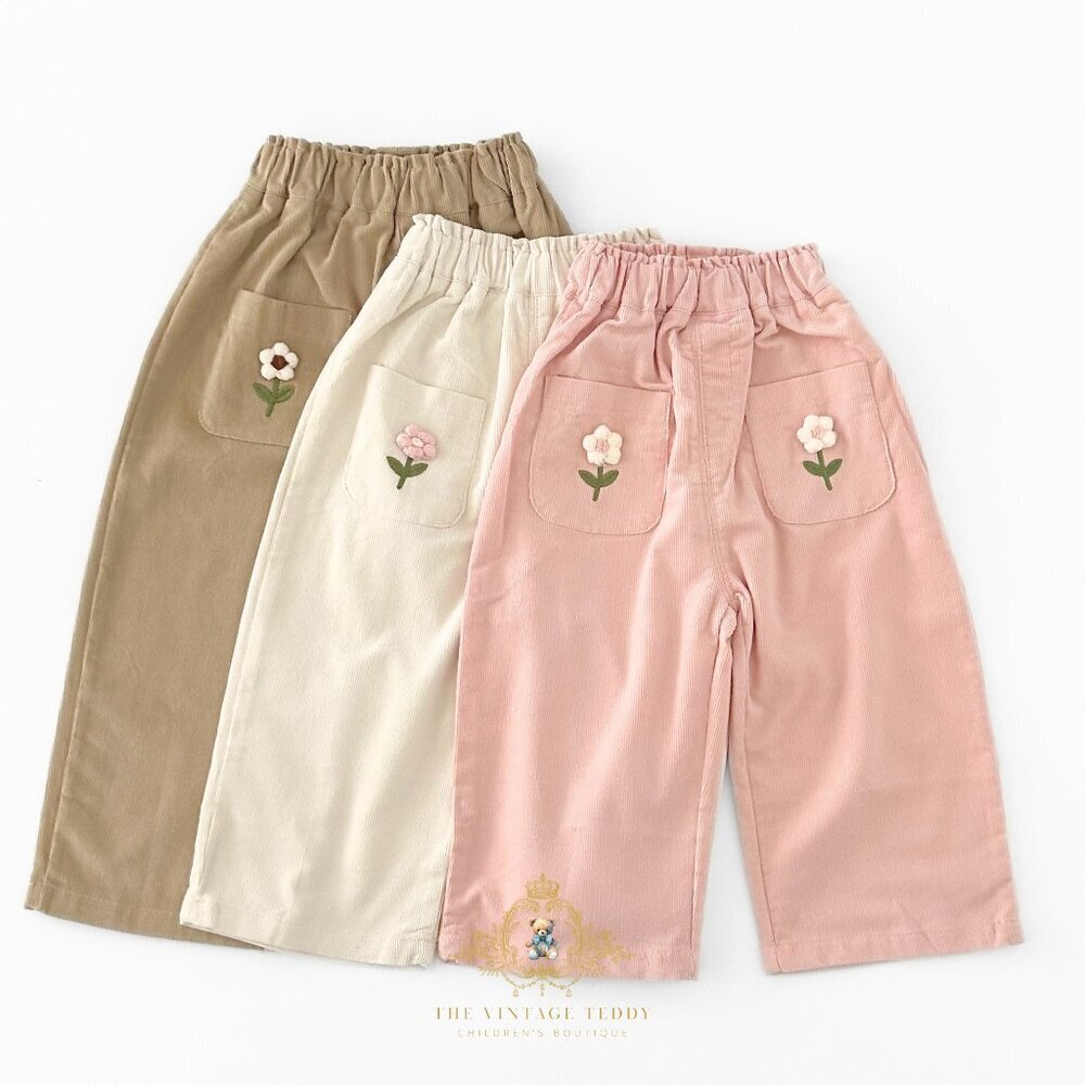NWT Cute Girls Corduroy Pants Sweet Embroidered Flower Elastic Waist Pink 9-12M - Picture 2 of 4